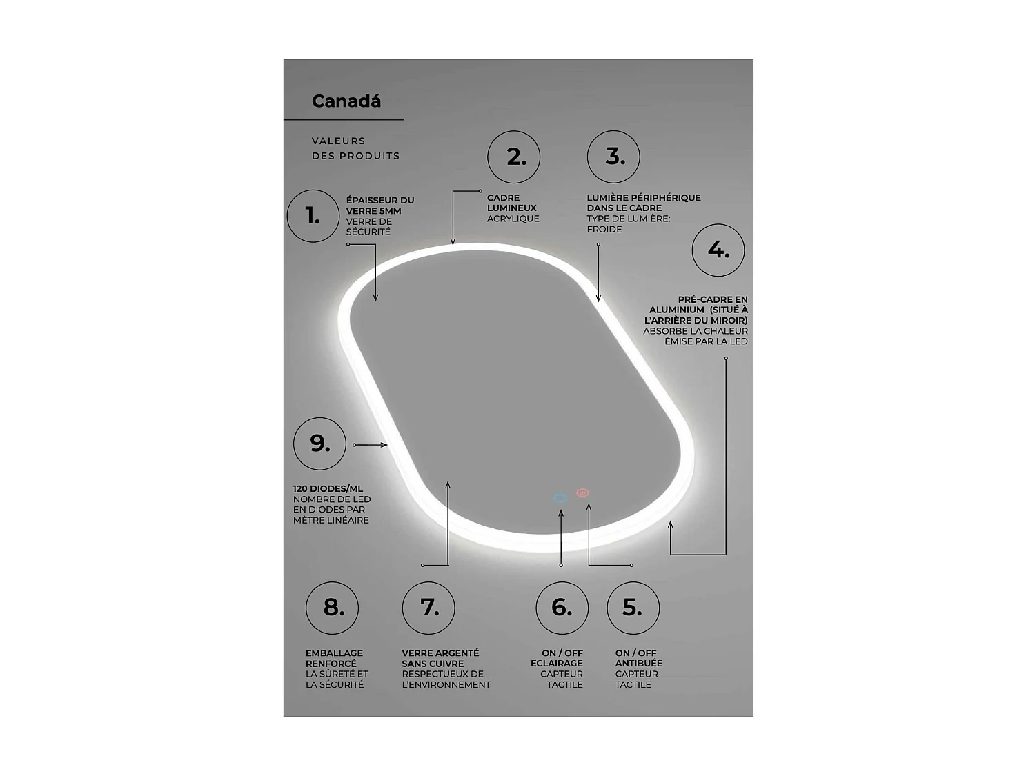 Miroir Salle de Bain CANADA - 50x90cm - Led Frontal (6500K) - Double Tactile & Anti-Buée - LEDIMEX