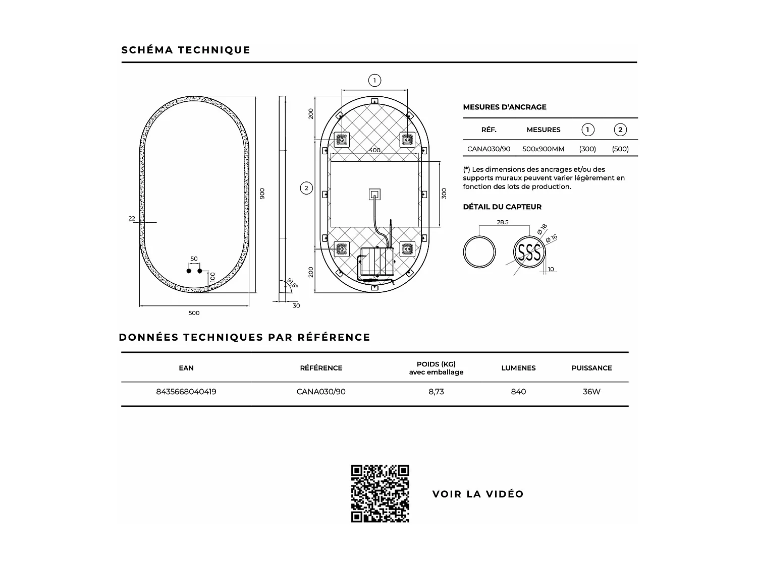 Miroir Salle de Bain CANADA - 50x90cm - Led Frontal (6500K) - Double Tactile & Anti-Buée - LEDIMEX