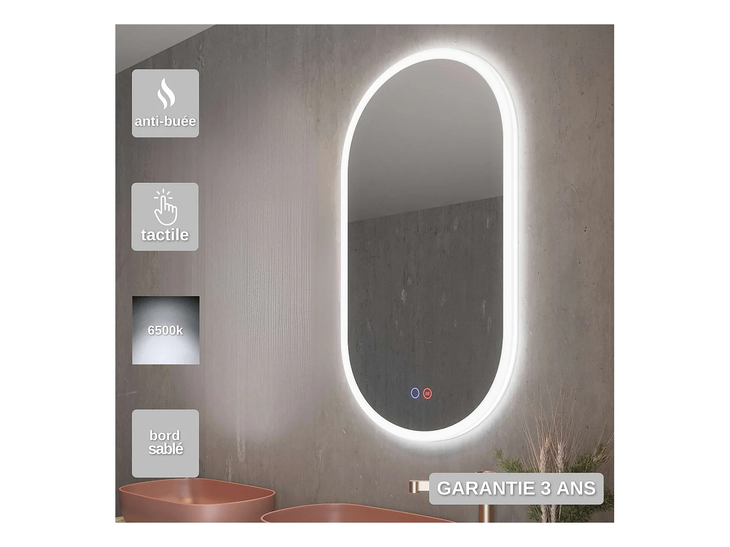 Miroir Salle de Bain CANADA - 50x90cm - Led Frontal (6500K) - Double Tactile & Anti-Buée - LEDIMEX