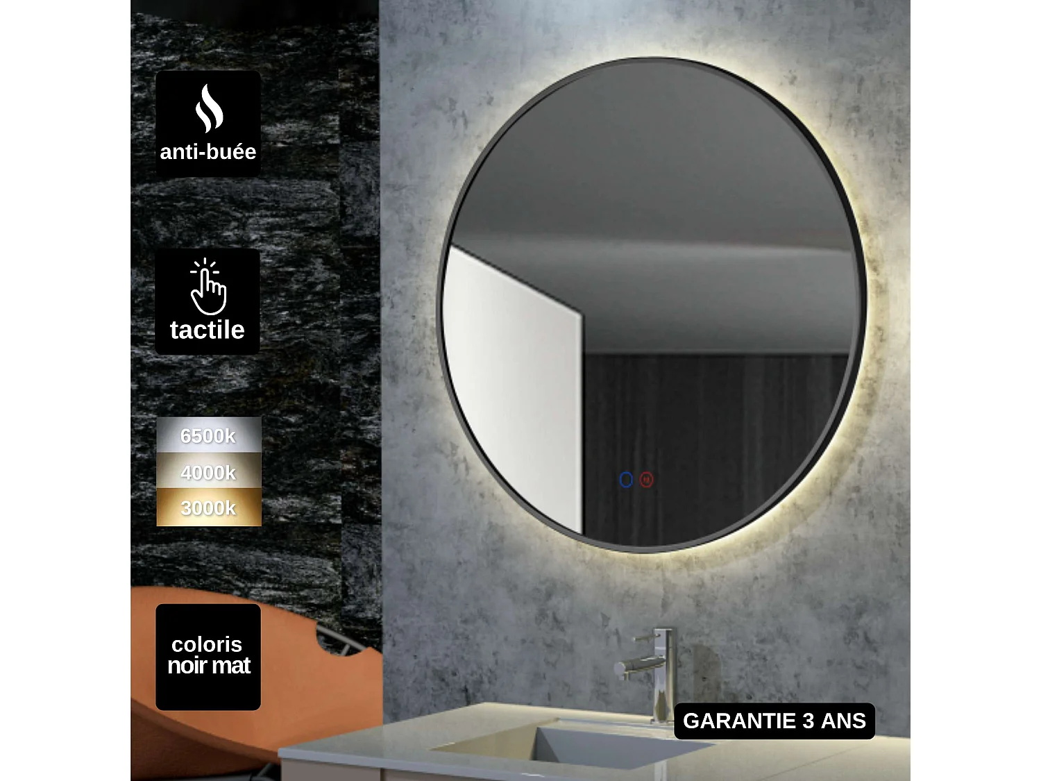 Miroir Salle de Bain FUN - Ø70cm - Noir Mat - Rétro-éclairage T° Led Variable - Tactiles On/Off & Anti-Buée - LEDIMEX