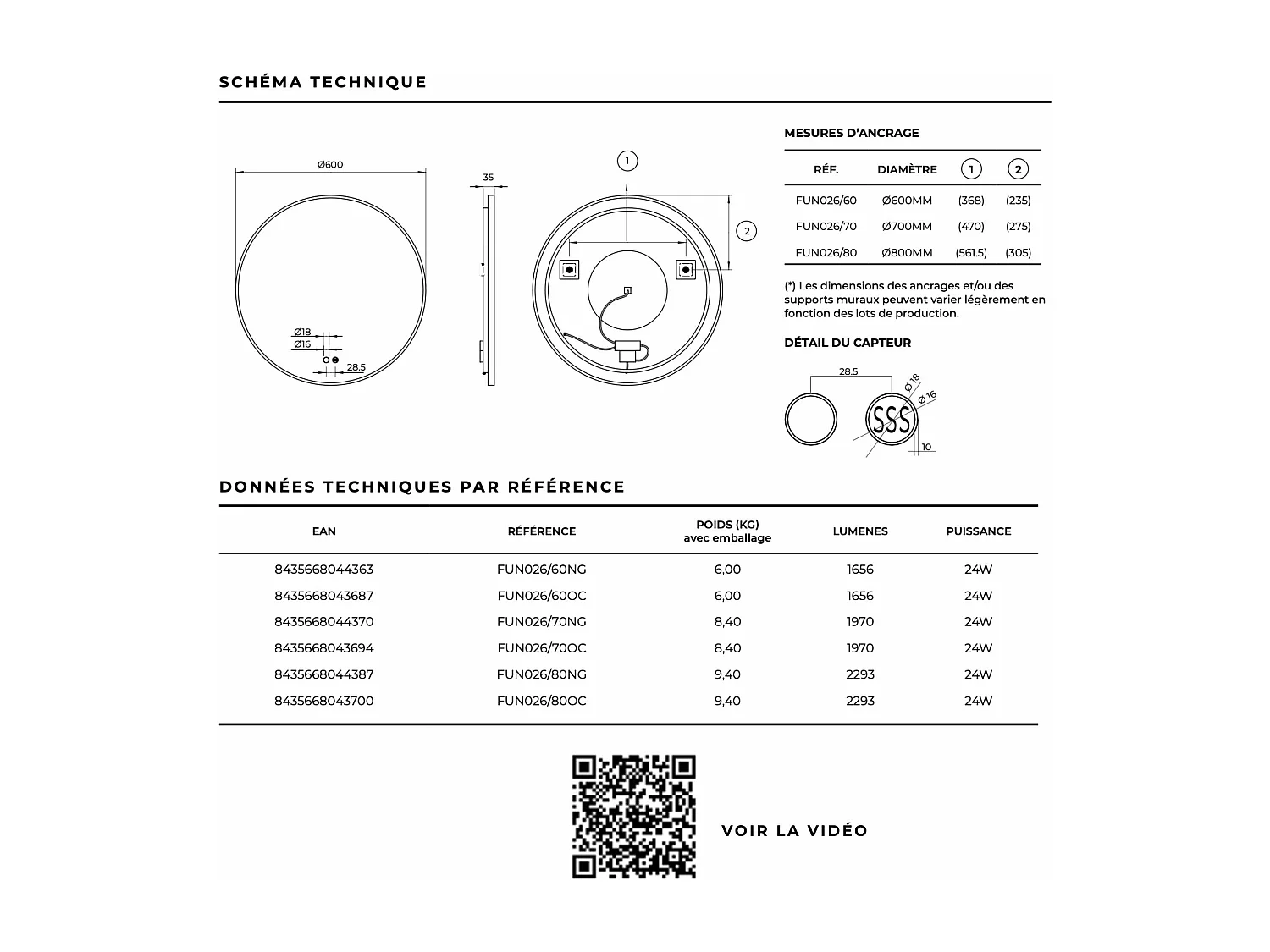 Miroir Salle de Bain FUN - Ø70cm - Noir Mat - Rétro-éclairage T° Led Variable - Tactiles On/Off & Anti-Buée - LEDIMEX