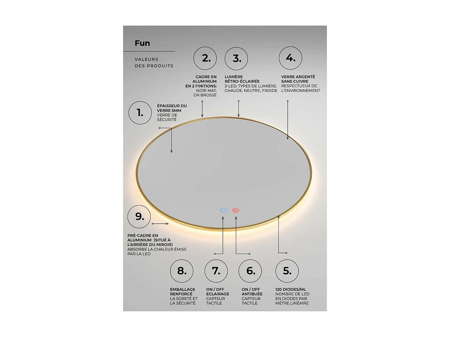 Miroir Salle de Bain FUN Ø60cm - Or Brossé - Rétro-éclairage T° Led Variable - Tactiles On/Off & Anti-Buée - LEDIMEX