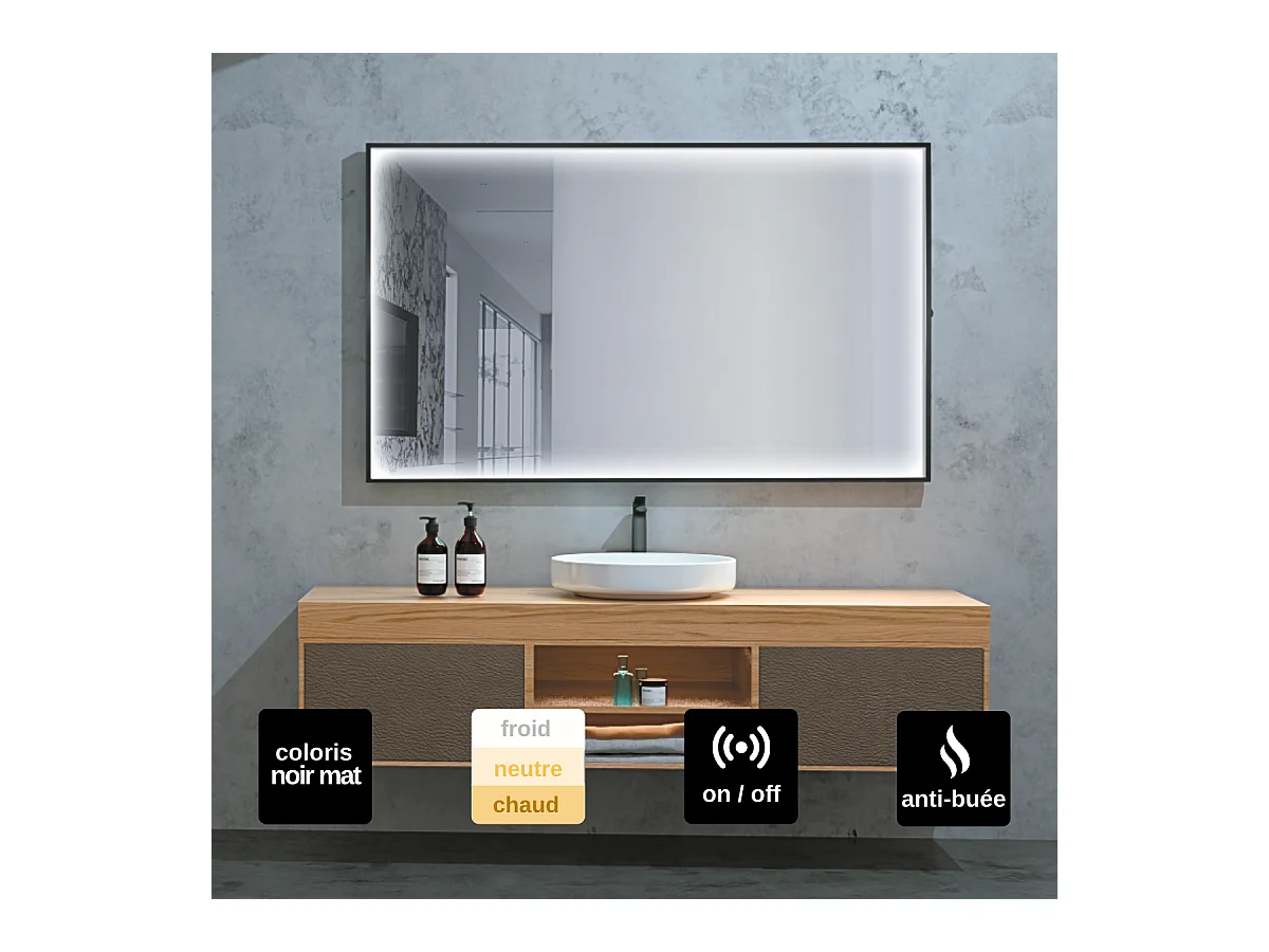 Miroir Salle de Bains Lumineux ABILITY Anti-Buée et Éclairage Périmétral Triled par Détecteur de Mouvement 140x80cm Noir Mat LEDIMEX by SANIZÉO