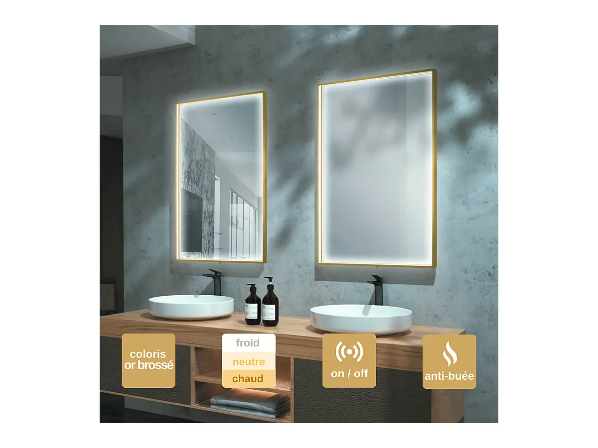Miroir Salle de Bains Lumineux ABILITY Anti-Buée et Éclairage Périmétral Triled par Détecteur de Mouvement 100x80cm Or Brossé LEDIMEX by SANIZÉO