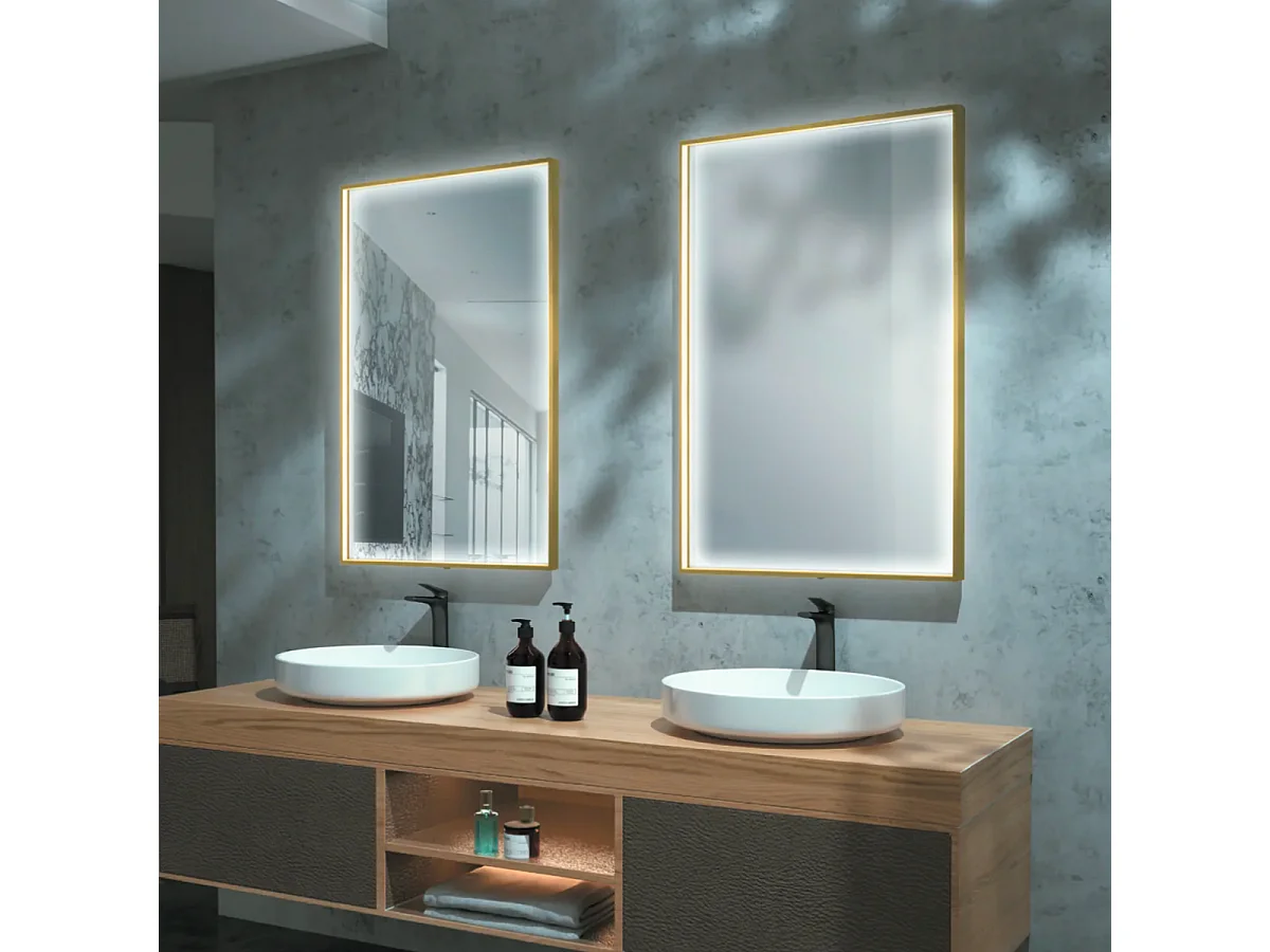 Miroir Salle de Bains Lumineux ABILITY Anti-Buée et Éclairage Périmétral Triled par Détecteur de Mouvement 100x80cm Or Brossé LEDIMEX by SANIZÉO