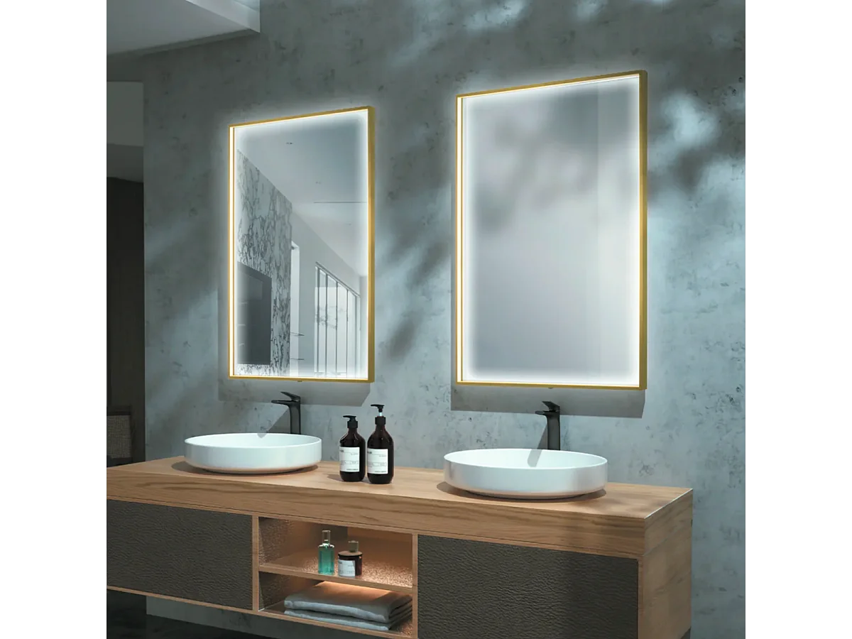 Miroir Salle de Bains Lumineux ABILITY Anti-Buée et Éclairage Périmétral Triled par Détecteur de Mouvement 100x80cm Or Brossé LEDIMEX by SANIZÉO