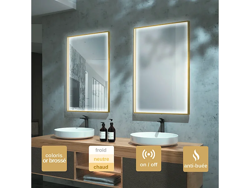 Miroir Salle de Bains Lumineux ABILITY Anti-Buée et Éclairage Périmétral Triled par Détecteur de Mouvement 100x80cm Or Brossé LEDIMEX by SANIZÉO