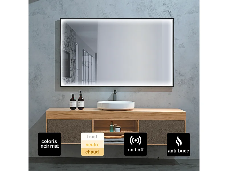 Miroir Salle de Bains Lumineux ABILITY Anti-Buée et Éclairage Périmétral Triled par Détecteur de Mouvement 120x80cm Noir Mat LEDIMEX by SANIZÉO