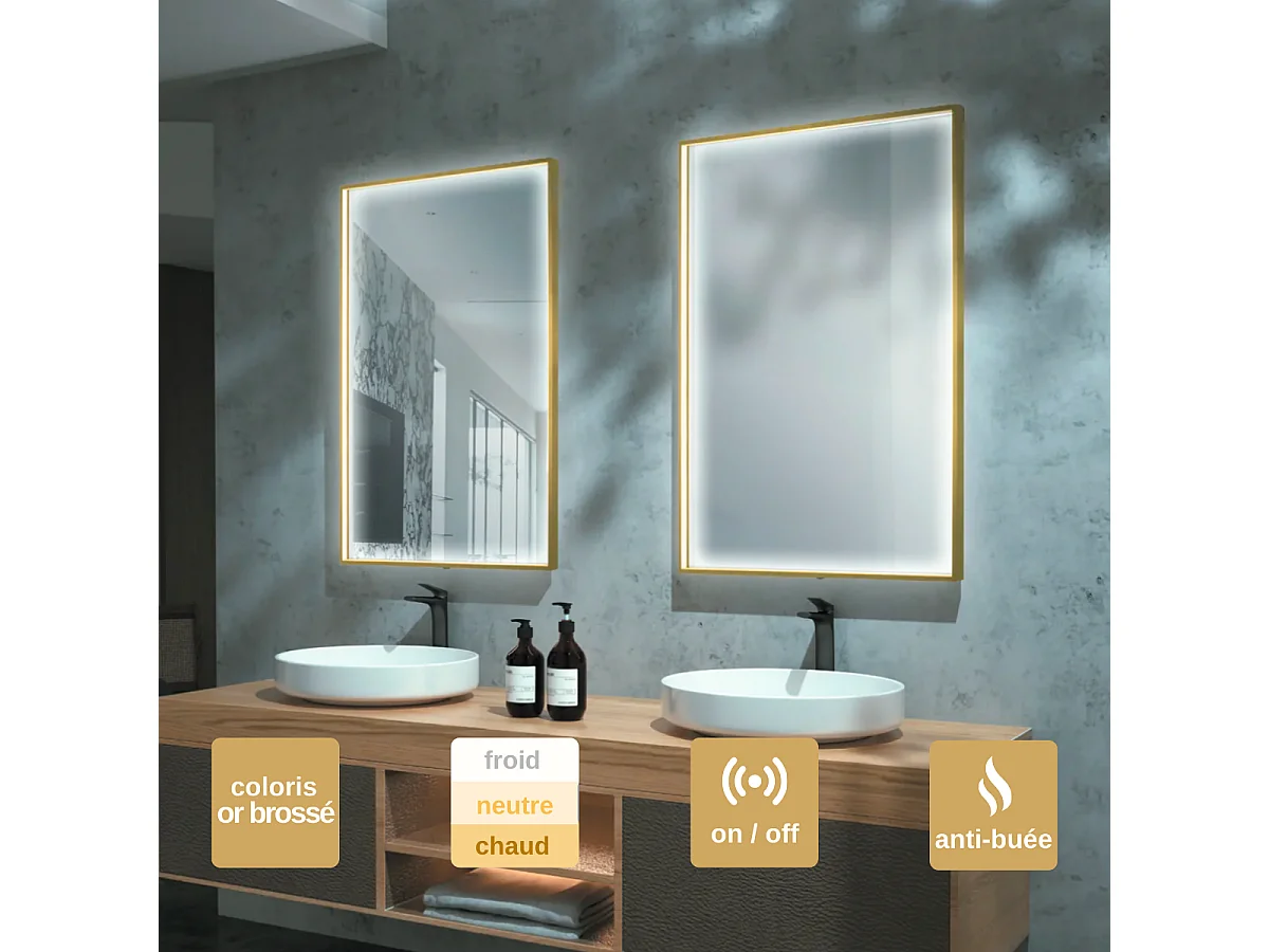 Miroir Salle de Bains Lumineux ABILITY Anti-Buée et Éclairage Périmétral Triled par Détecteur de Mouvement 120x80cm Or Brossé LEDIMEX by SANIZÉO