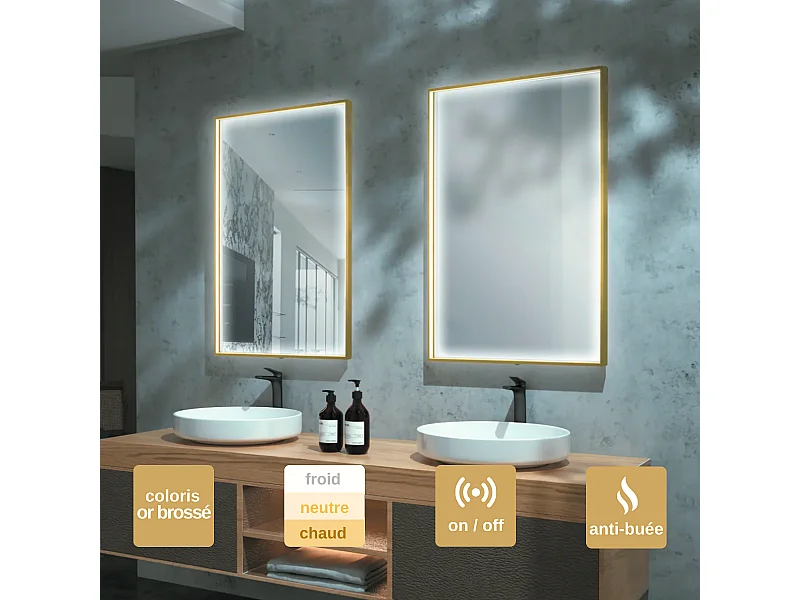 Miroir Salle de Bains Lumineux ABILITY Anti-Buée et Éclairage Périmétral Triled par Détecteur de Mouvement 120x80cm Or Brossé LEDIMEX by SANIZÉO