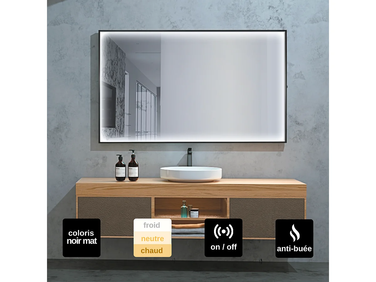 Miroir Salle de Bains Lumineux ABILITY Anti-Buée et Éclairage Périmétral Triled par Détecteur de Mouvement 100x80cm Noir Mat LEDIMEX by SANIZÉO