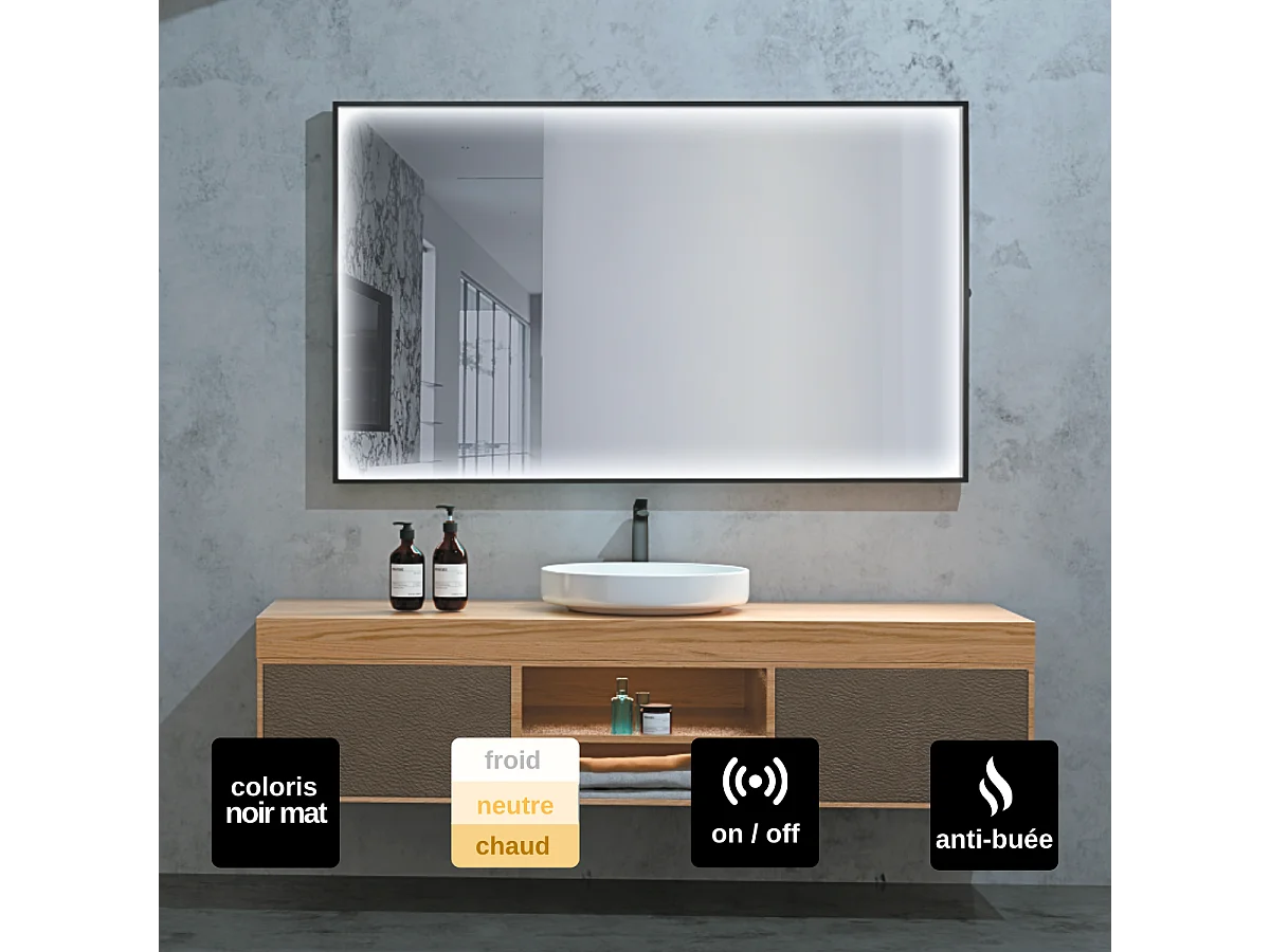 Miroir Salle de Bains Lumineux ABILITY Anti-Buée et Éclairage Périmétral Triled par Détecteur de Mouvement 100x80cm Noir Mat LEDIMEX by SANIZÉO