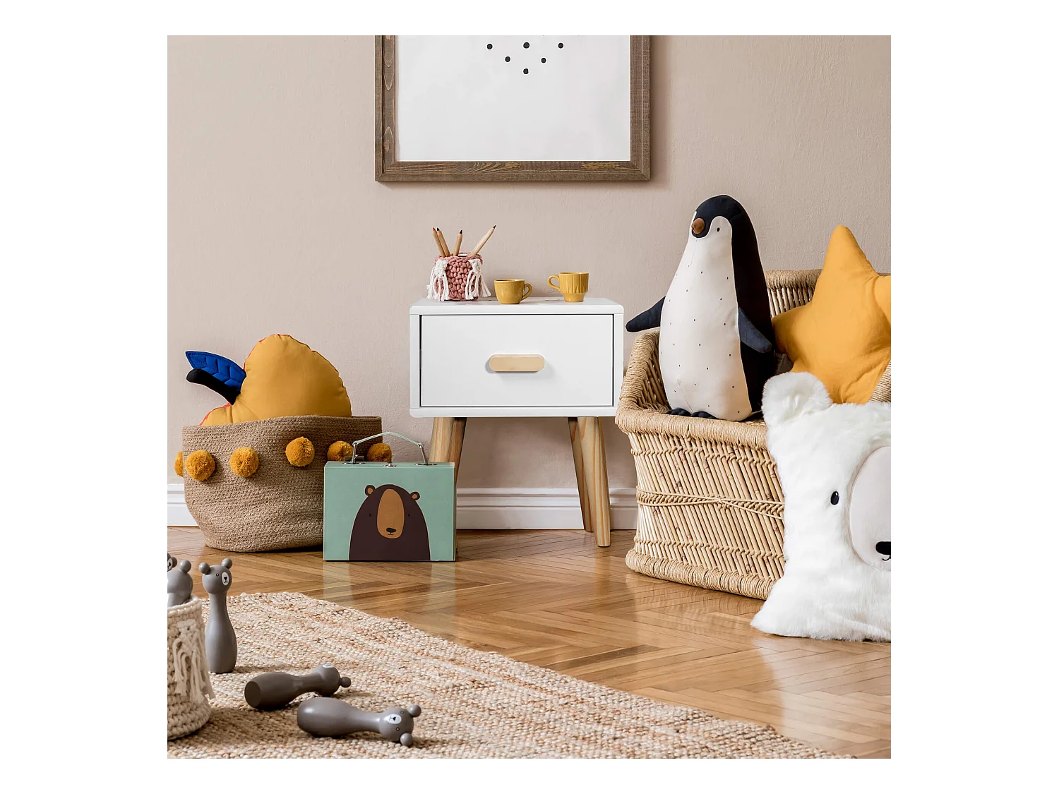 Table de chevet Mobili Rebecca Cassia 44x35x35 MDF Pin Blanc Marron Scandinave Partiellement Assemblé
