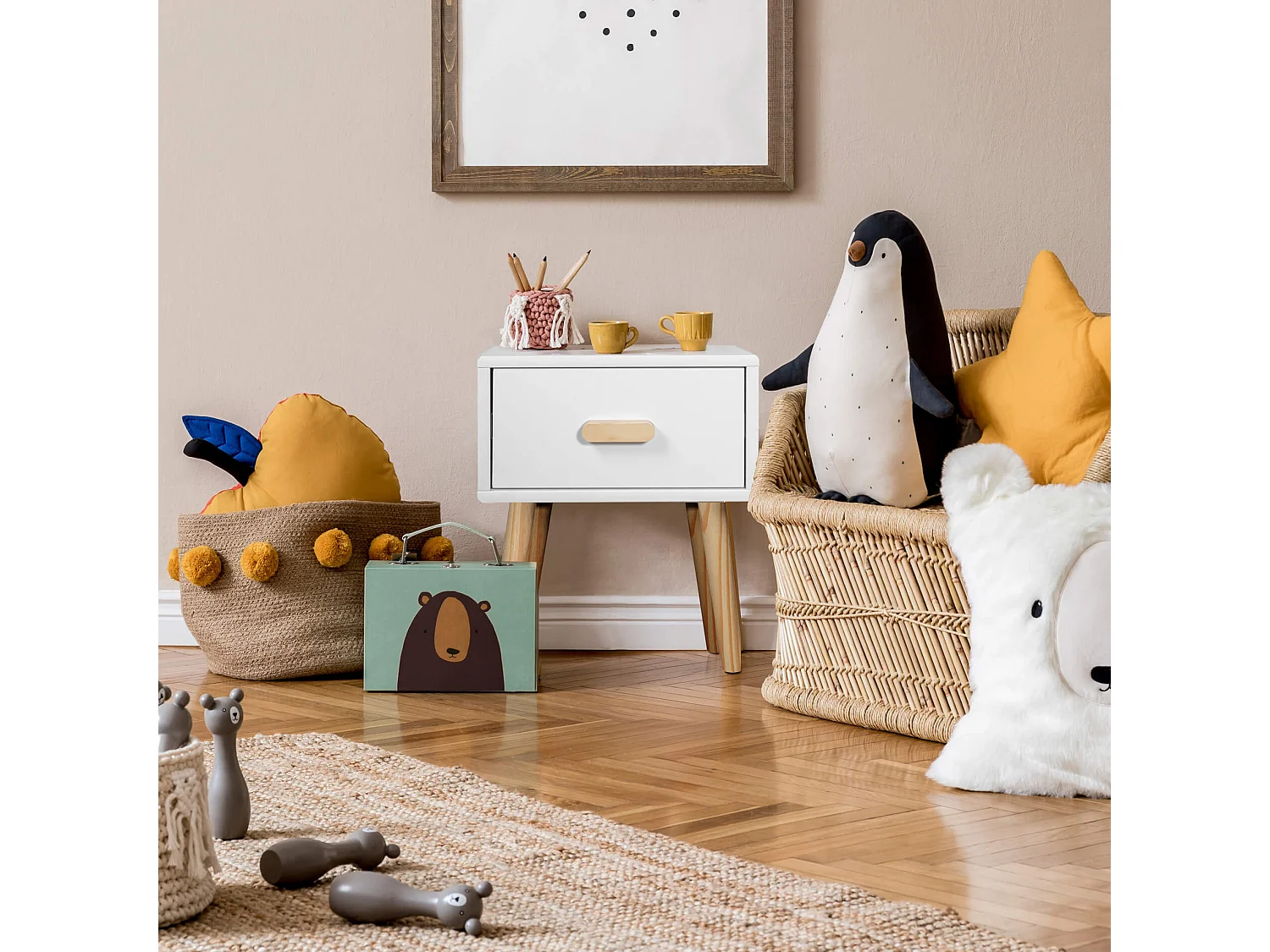 Table de chevet Mobili Rebecca Cassia 44x35x35 MDF Pin Blanc Marron Scandinave Partiellement Assemblé