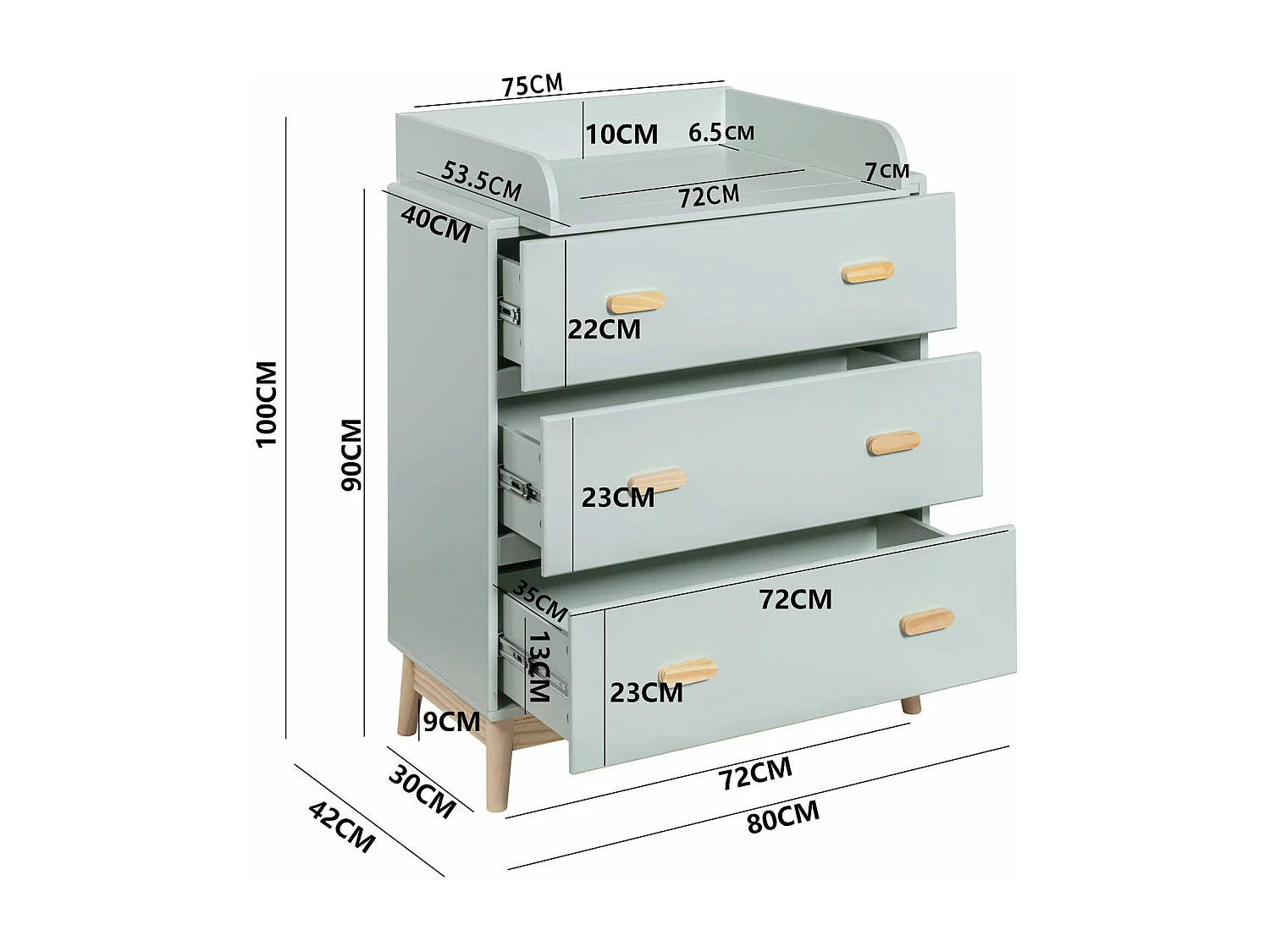 Fasciatoio Tessen 100x80x42 MDF Pino Verde Acqua Marrone Scandinavo Da Montare