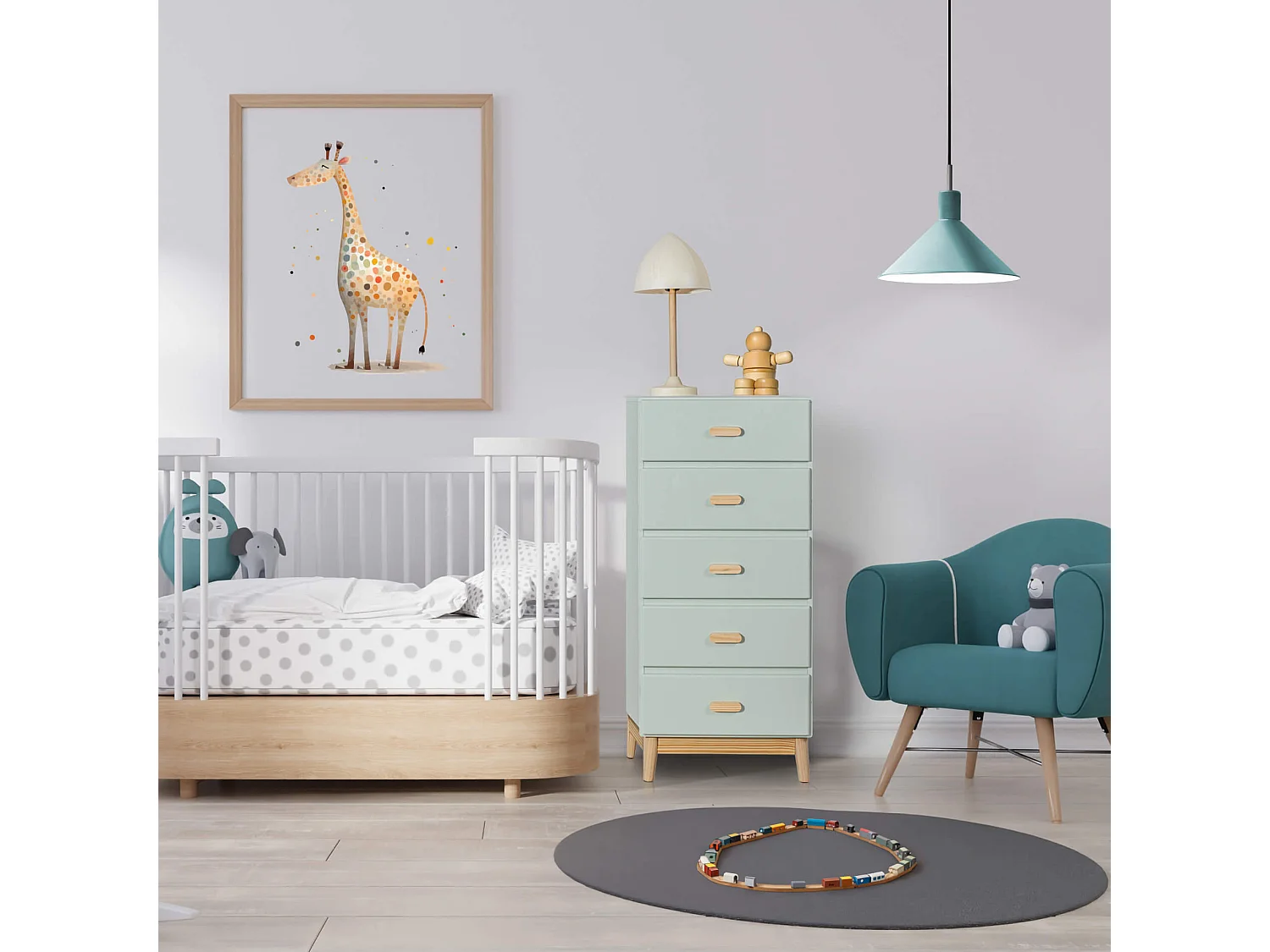 Cassettiera Aloe 115x50x40 MDF Pino Verde Acqua Marrone Scandinavo Da Montare