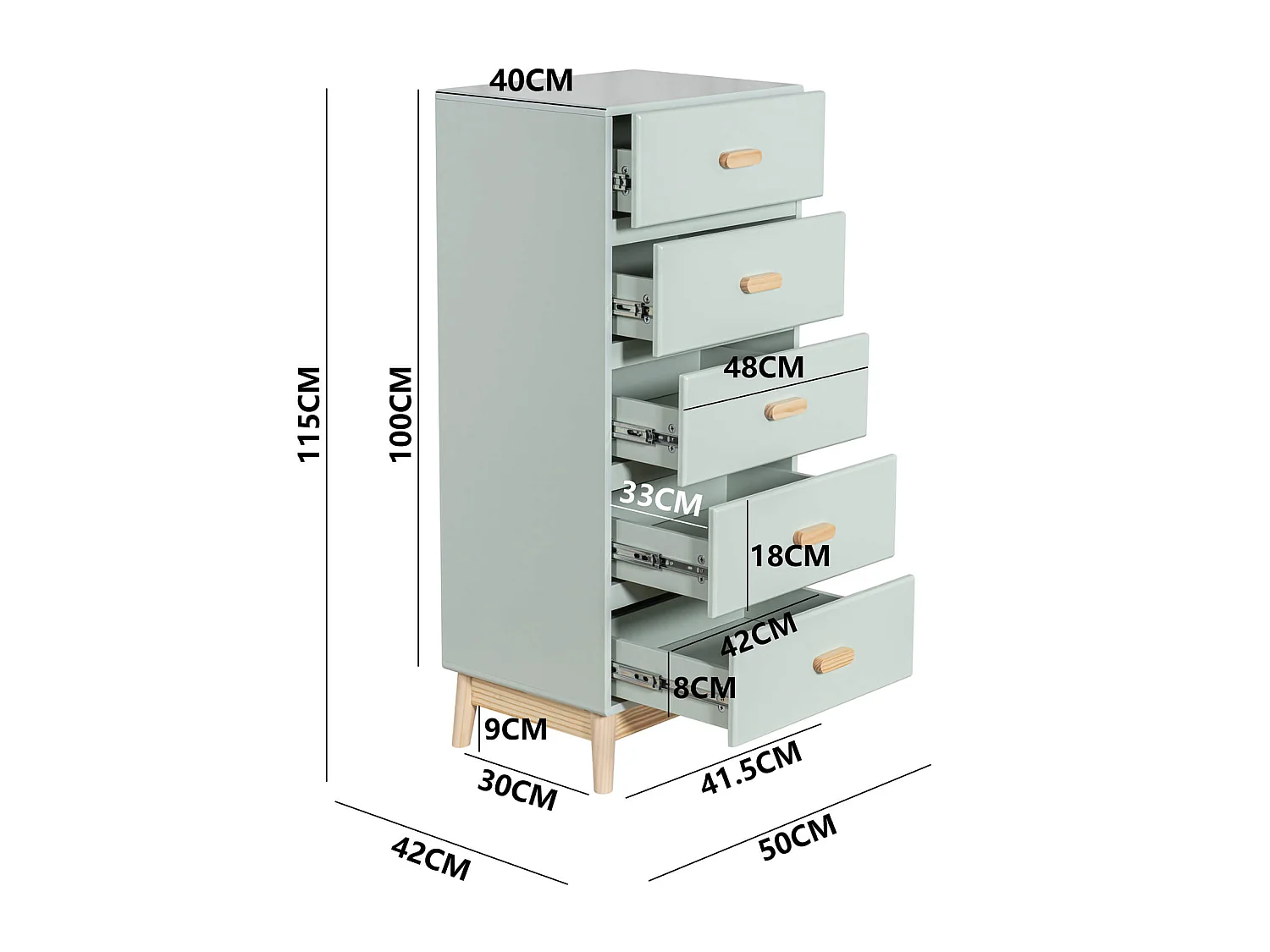 Cassettiera Aloe 115x50x40 MDF Pino Verde Acqua Marrone Scandinavo Da Montare