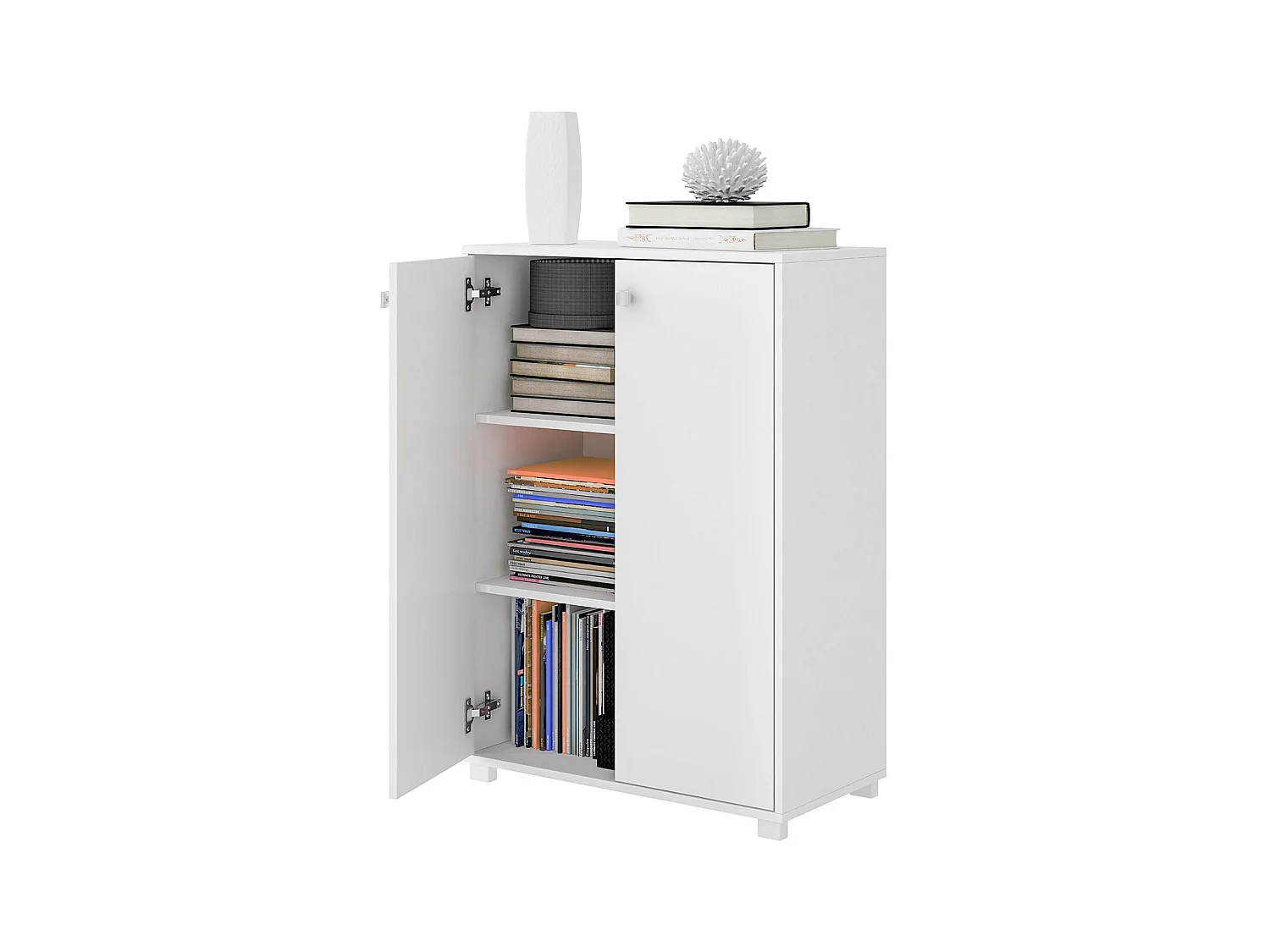 Etagère, bibliothèque avec 2 portes en bois coloris blanc - L. 68 x P. 35 x H. 97 cm