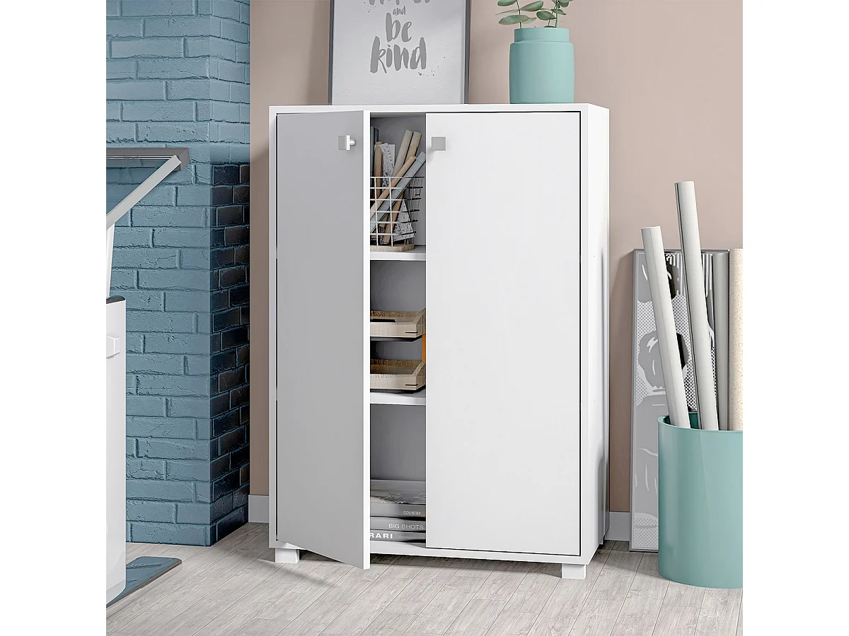 Etagère, bibliothèque avec 2 portes en bois coloris blanc - L. 68 x P. 35 x H. 97 cm