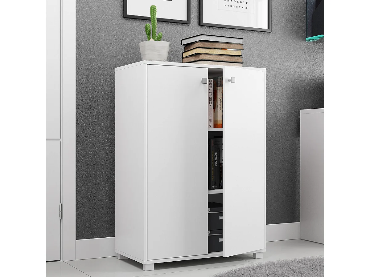 Etagère, bibliothèque avec 2 portes en bois coloris blanc - L. 68 x P. 35 x H. 97 cm