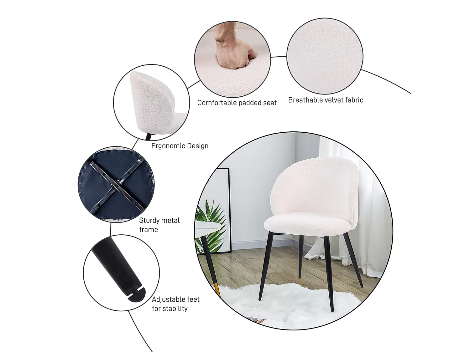 Sedie Karamu 81x54x56 Tessuto Teddy Metallo Crema Nero Moderno SET 2 pezzi Parzialmente Montato