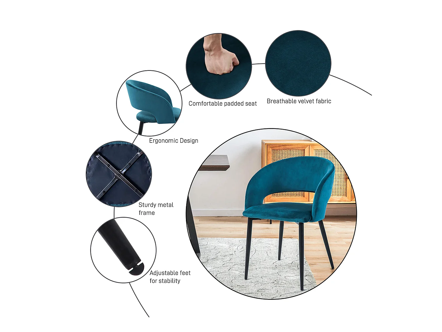 Chaises Mobili Rebecca Titoki 76x55,5x58 Velours Métal Vert Pétrole Noir Moderne SET 2 pièces Partiellement Assemblé