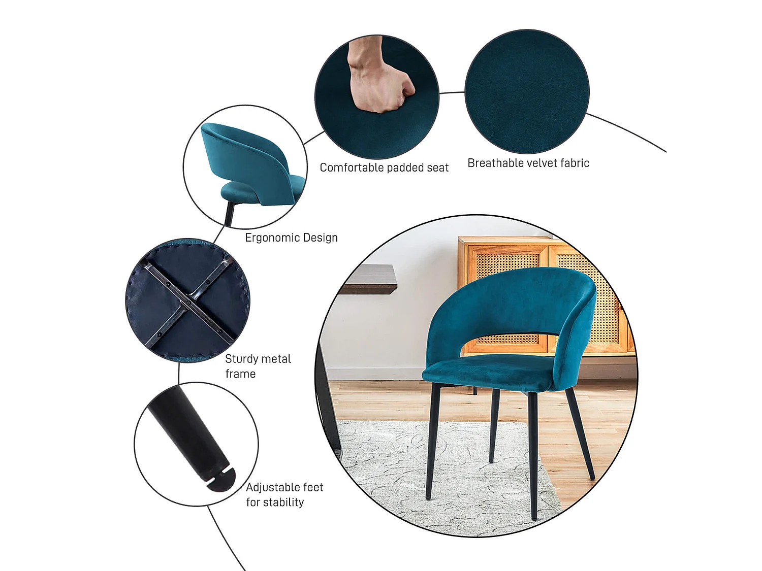 Chaises Mobili Rebecca Titoki 76x55,5x58 Velours Métal Vert Pétrole Noir Moderne SET 2 pièces Partiellement Assemblé