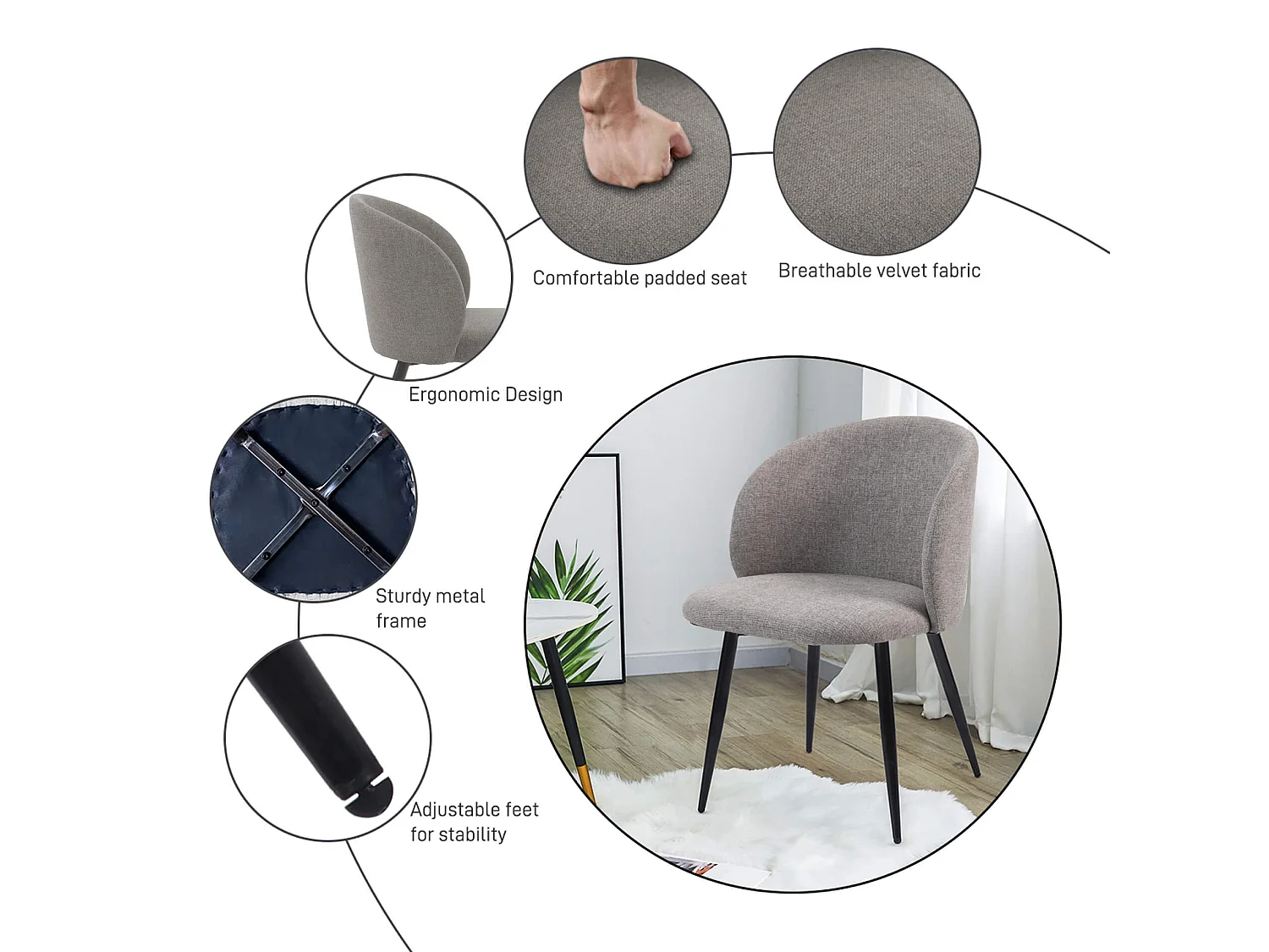 Sedie Cordia 81x54x56 Tessuto Polilino Metallo Grigio Tortora Nero Moderno SET 2 pezzi Parzialmente Montato