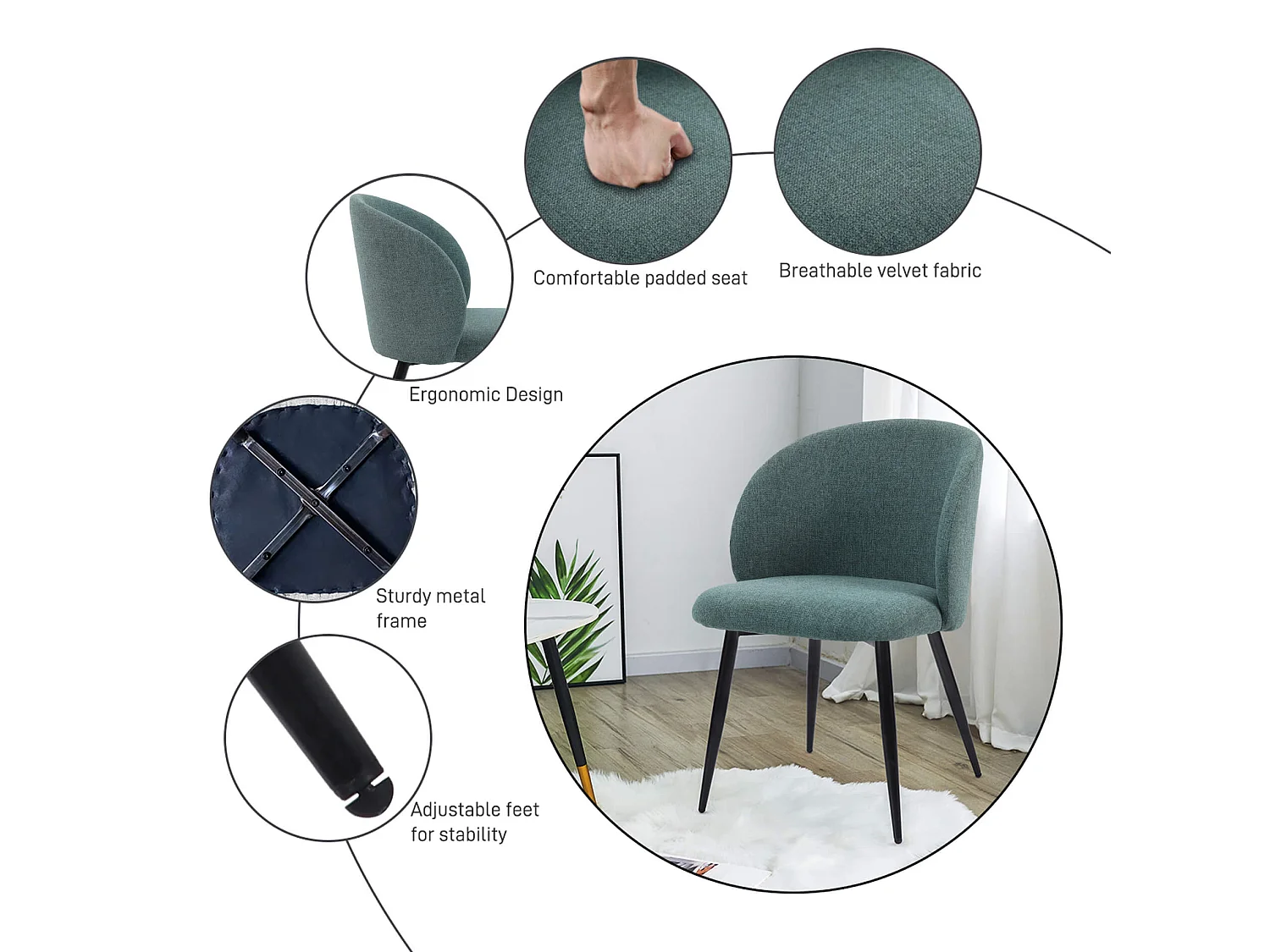 Chaises Mobili Rebecca Festuca 81x54x56 Tissu en Polylin Métal Vert d'Eau Noir Moderne SET 2 pièces Partiellement Assemblé