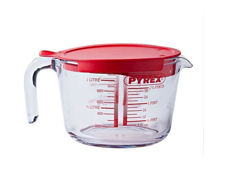 Pyrex Classic Glas-Messbecher mit Deckel und integriertem Sieb, 1L