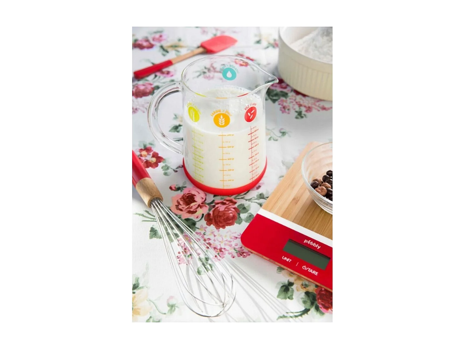 Pichet doseur 1 L en verre et silicone rouge