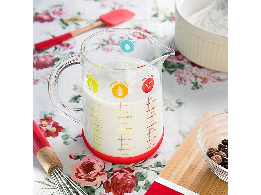 Pichet doseur 1 L en verre et silicone rouge