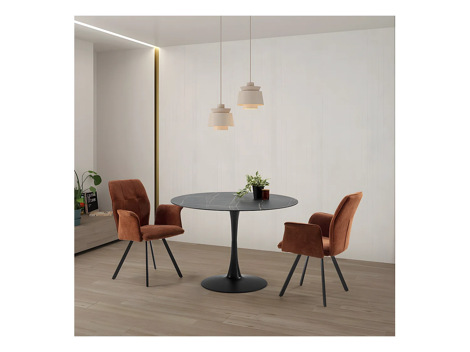 SCARS - Pack Table Ronde Ø110cm Céramique Noire + 2 Fauteuils Tissu Marron Selma