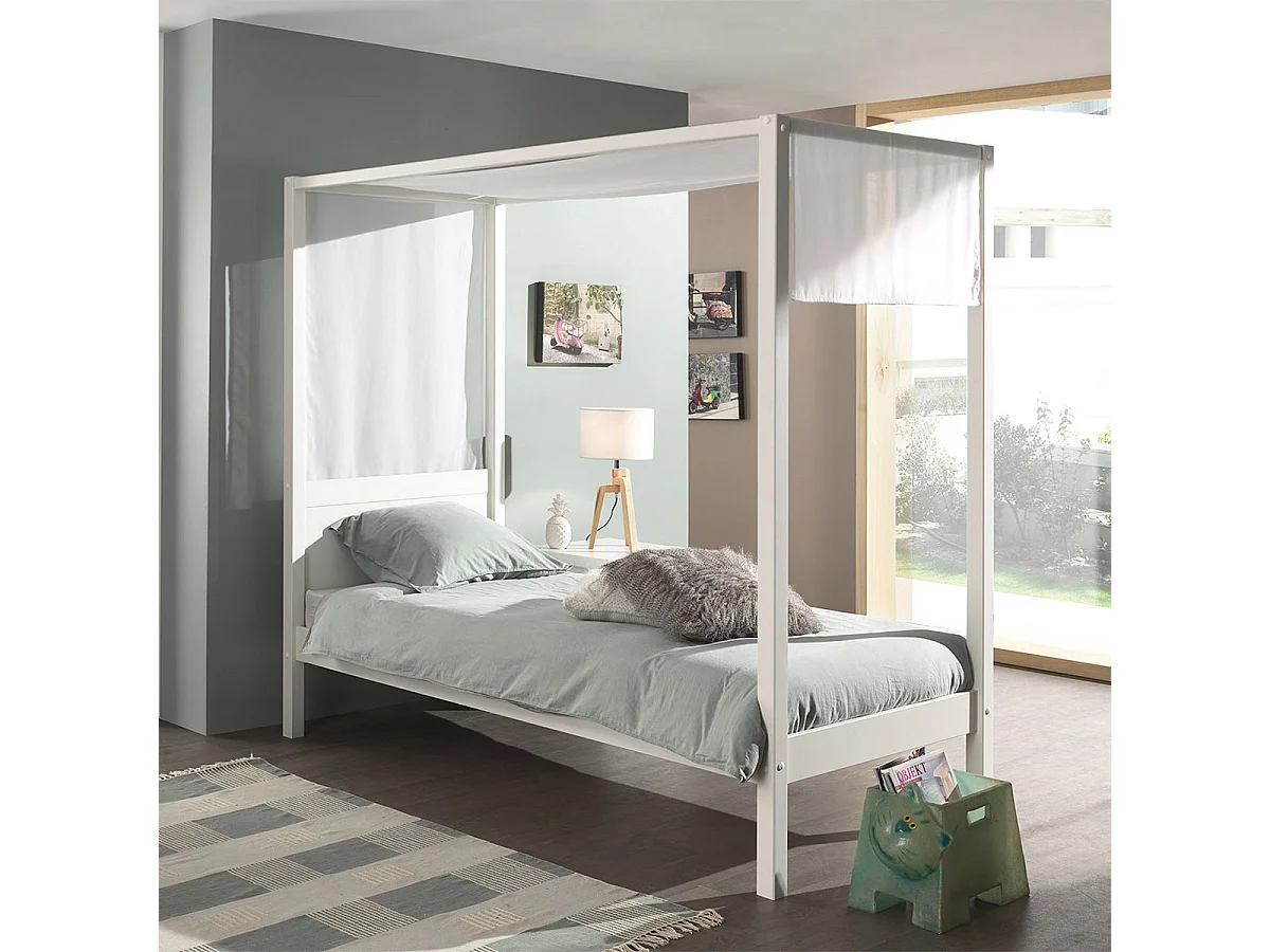 ALCOVE - Lit Baldaquin en Pin Laqué Blanc 90x200cm avec Voilage Blanc