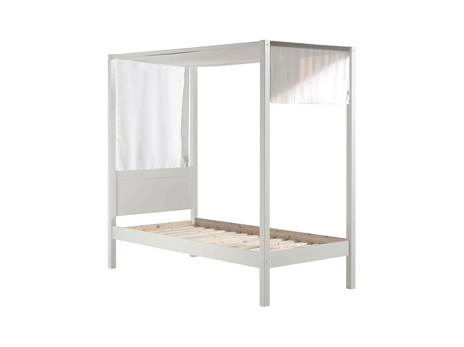 ALCOVE - Lit Baldaquin en Pin Laqué Blanc 90x200cm avec Voilage Blanc