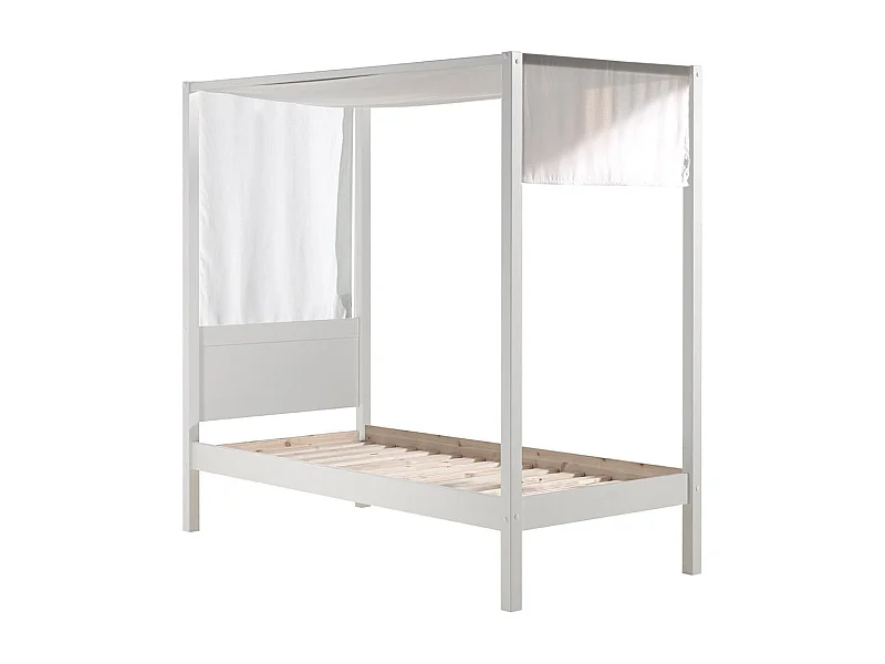 ALCOVE - Lit Baldaquin en Pin Laqué Blanc 90x200cm avec Voilage Blanc