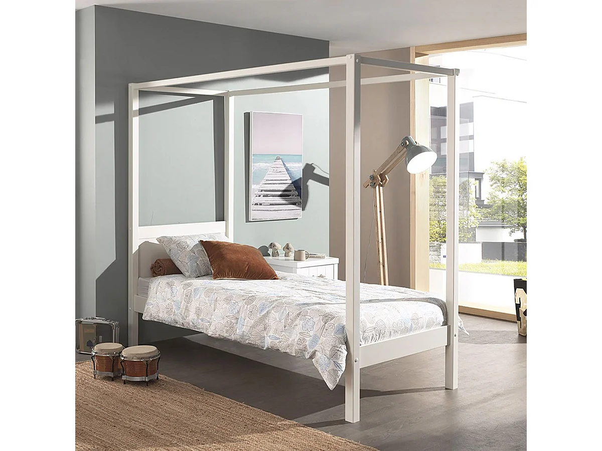 ALCOVE - Lit Baldaquin en Pin Laqué Blanc 90x200cm