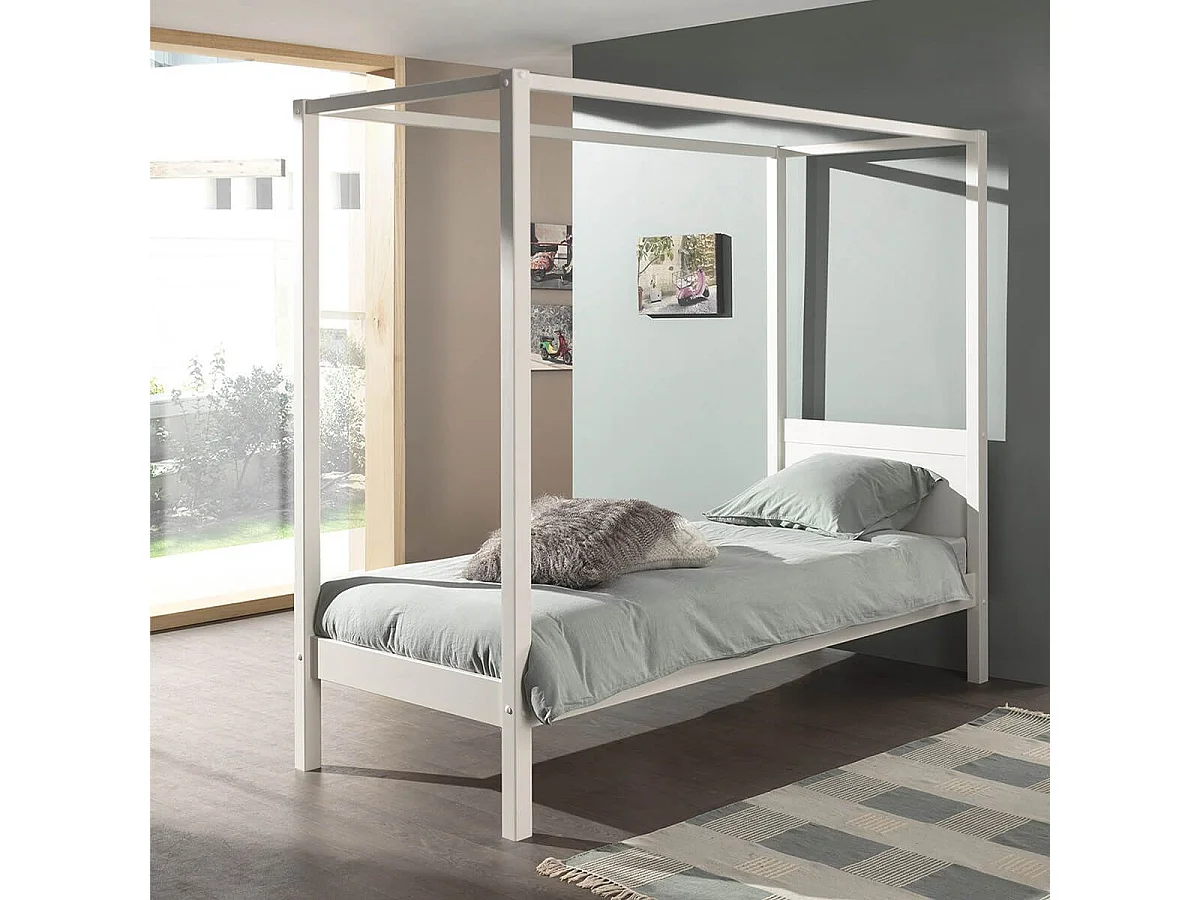 ALCOVE - Lit Baldaquin en Pin Laqué Blanc 90x200cm