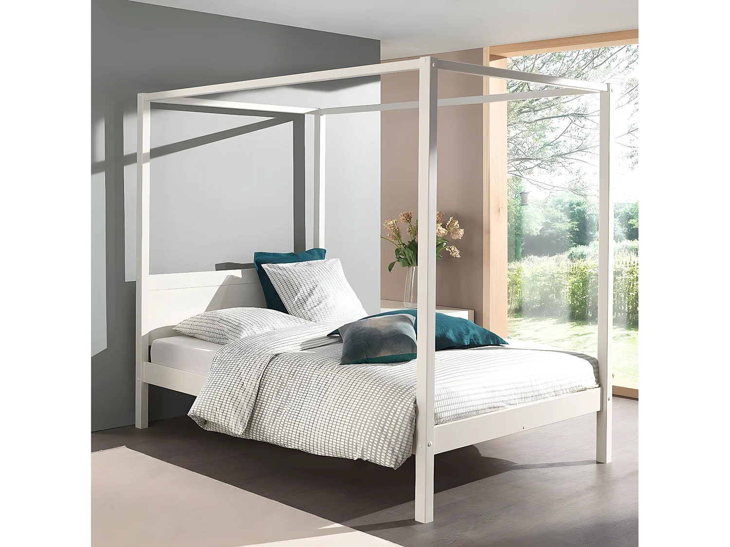 ALCOVE - Lit Baldaquin en Pin Laqué Blanc 140x200cm