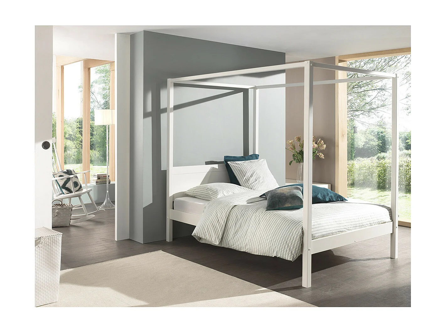 ALCOVE - Lit Baldaquin en Pin Laqué Blanc 140x200cm