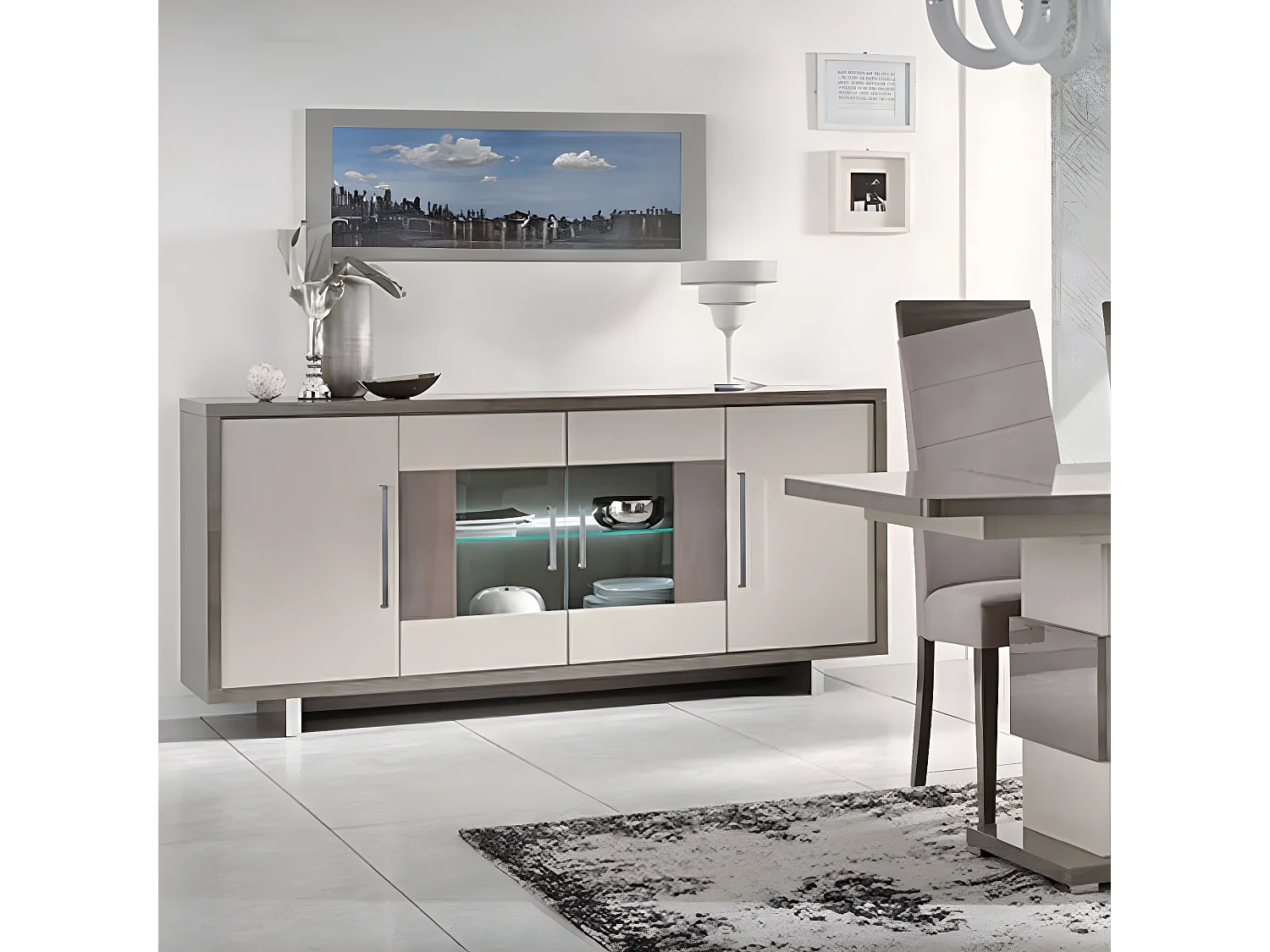 AUXANE - Buffet 4 Portes Gris Acier Metallisé et Gris Mat avec Leds