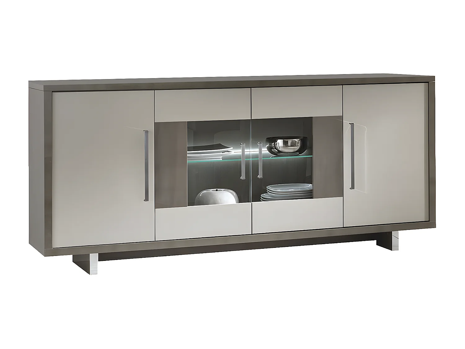 AUXANE - Buffet 4 Portes Gris Acier Metallisé et Gris Mat avec Leds