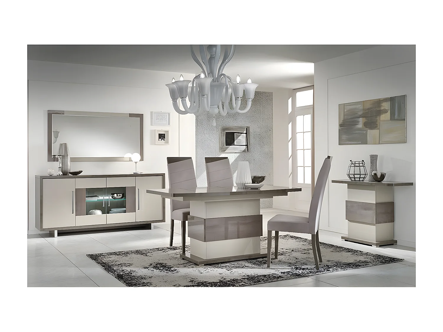 AUXANE - Buffet 4 Portes Gris Acier Metallisé et Gris Mat avec Leds