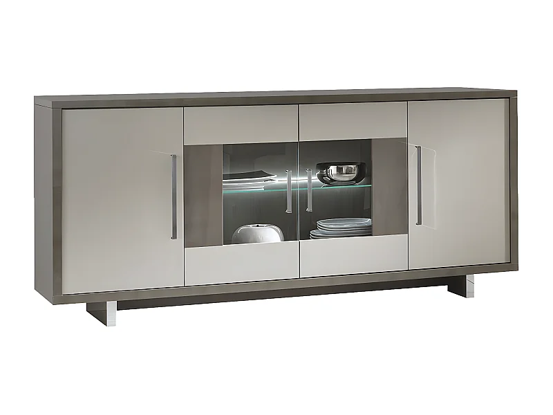 AUXANE - Buffet 4 Portes Gris Acier Metallisé et Gris Mat avec Leds