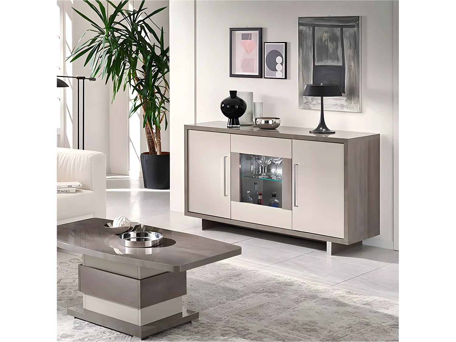 AUXANE - Buffet 3 Portes Gris Acier Metallisé et Gris Mat avec Leds