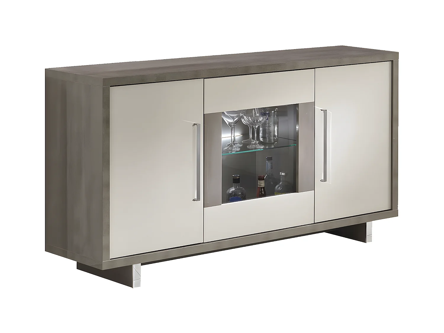 AUXANE - Buffet 3 Portes Gris Acier Metallisé et Gris Mat avec Leds