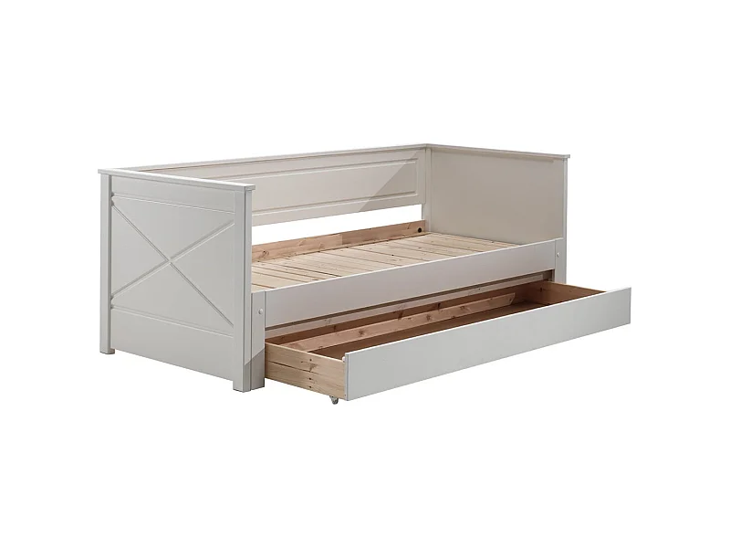 VIVIEN - Lit Extensible 90x200cm en Pin Laqué Blanc avec Tiroir