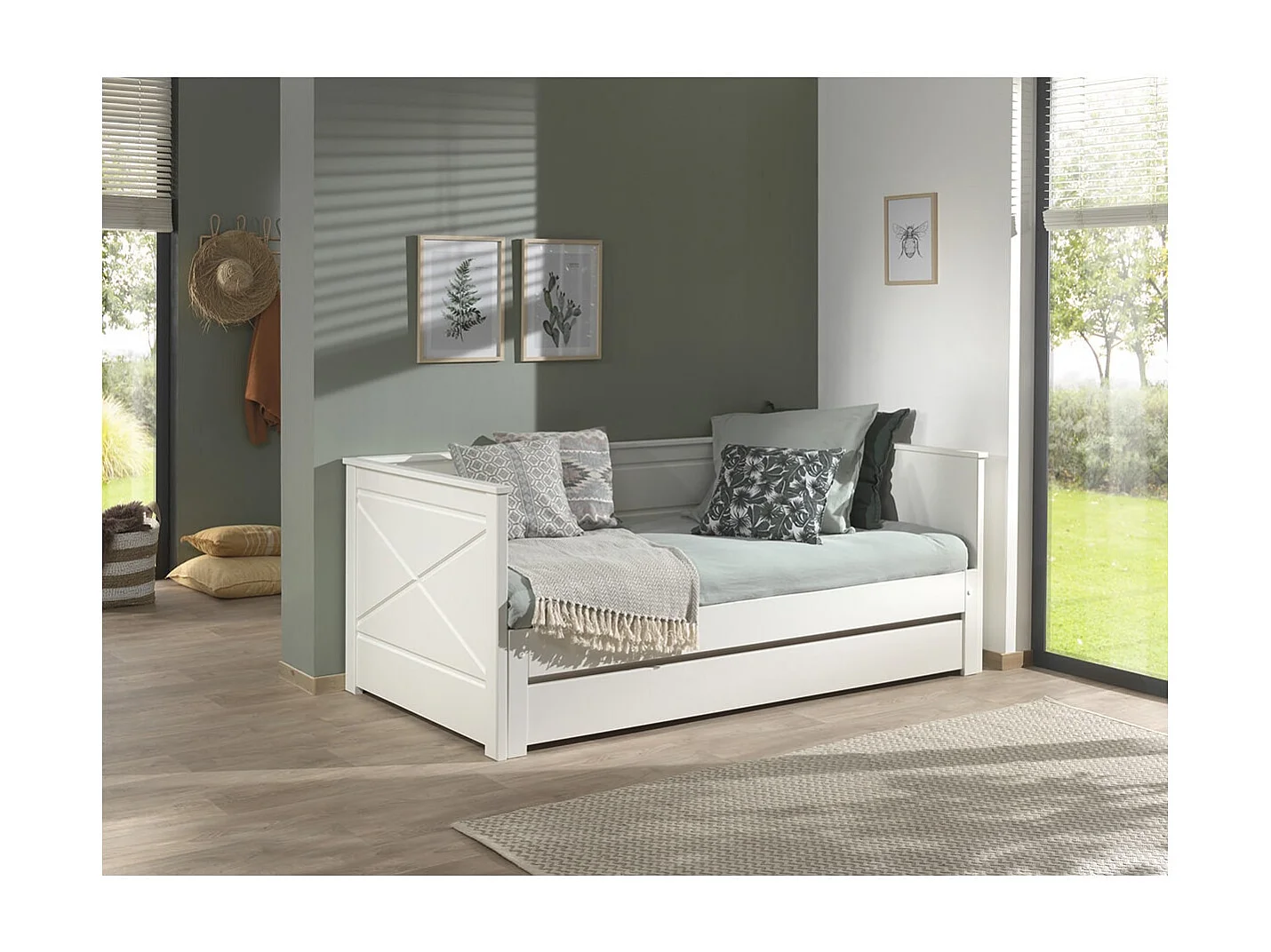 VIVIEN - Lit Extensible 90x200cm en Pin Laqué Blanc avec Tiroir