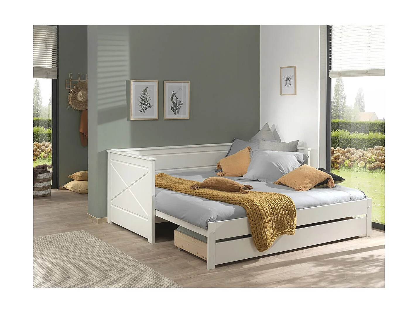 VIVIEN - Lit Extensible 90x200cm en Pin Laqué Blanc avec Tiroir