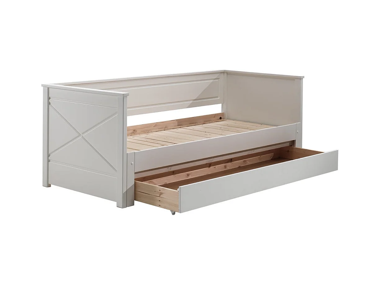 VIVIEN - Lit Extensible 90x200cm en Pin Laqué Blanc avec Tiroir